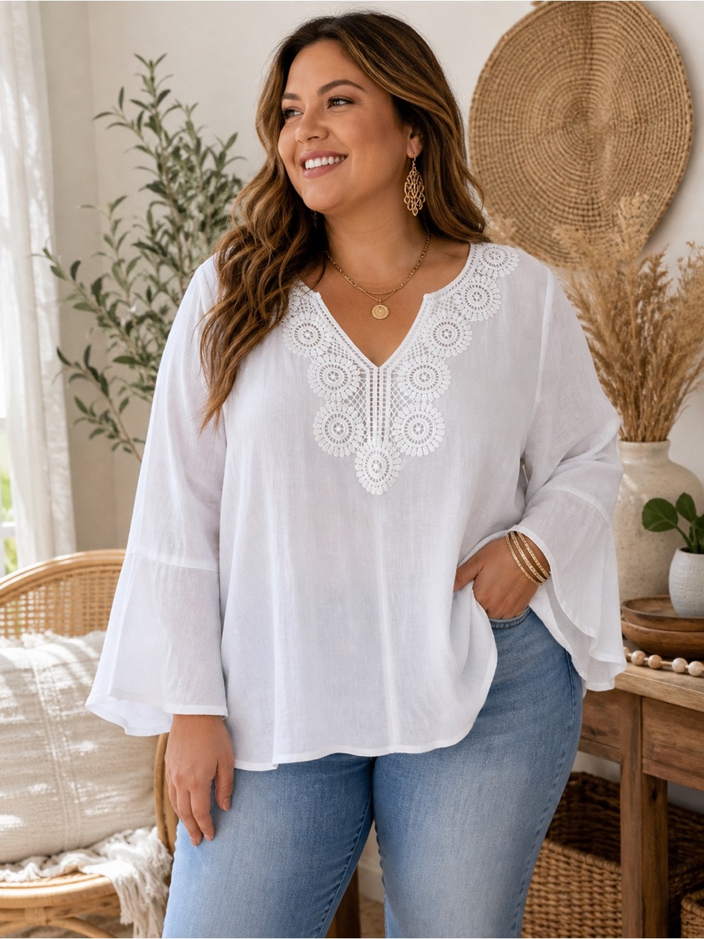 Counterparts White V-Neck Crochet Trim Peasant Blouse 1X